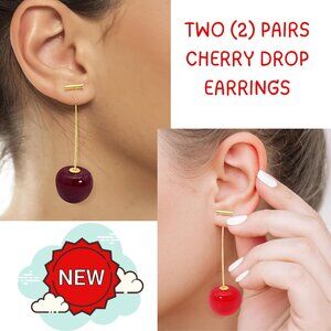 TWO (2) NEW Pairs of CHERRY Drop Earrings in Bright & Dark Gold Dipped Fruit